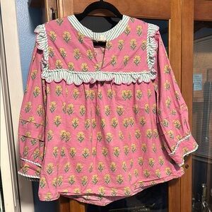 Entro Pink and Yellow Floral Blouse with green/white stripe Trim
